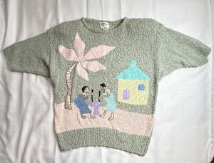 Vintage Adolfo Collectibles Embroidery Leather Appliqué Pastel Knit Sweater Sz L